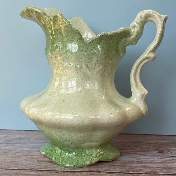 Vintage Green and Cream Ceramic Pitcher - Ornate Cottagecore Decor - Picture 1 of 6